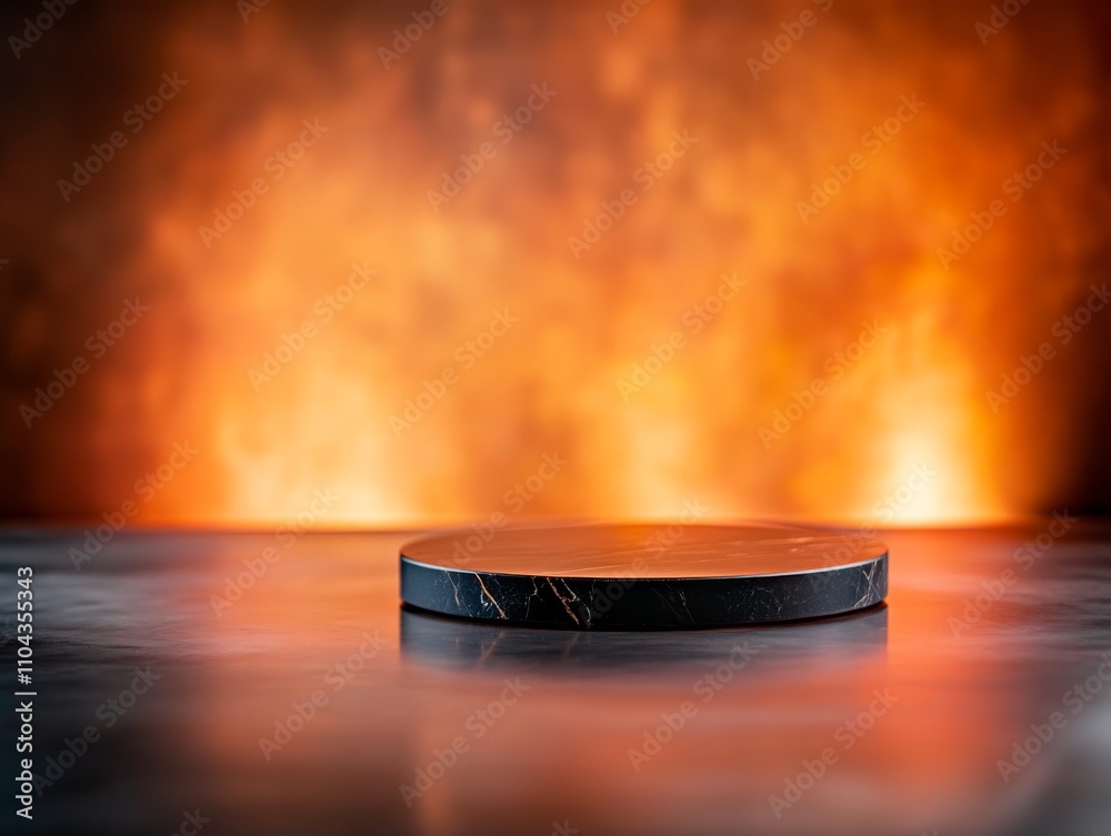 Poster this composition features a sleek black marble podium resting on a shiny copper surface. soft golden