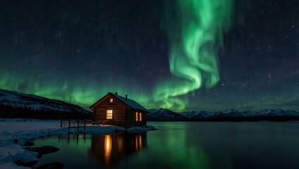 Fototapeta premium Cabin by the lake under the Northern Lights.