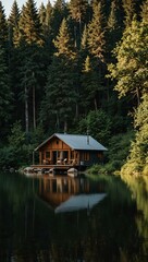 Obraz premium Cabin in the forest surrounded by nature.