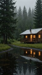 Obraz premium Cabin in the rain, creating a peaceful atmosphere.