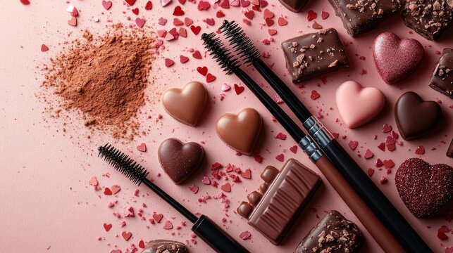 Assorted chocolate hearts and makeup brushes on pink surface with heart sprinkles