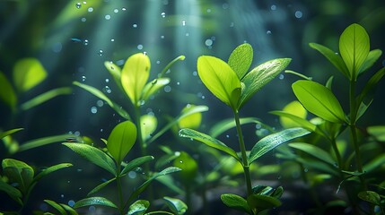 Obraz premium A lush green field with leaves that are wet