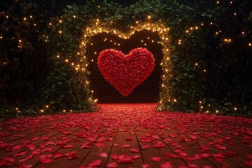 A pathway of red petals leading to a heart-shaped arch covered in ivy and fairy lights,