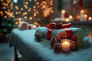 Cozy winter spa ambiance with candles and festive decor on massage table