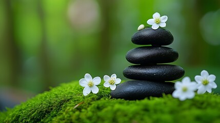 Asymmetrically stacked black stones balanced precariously on a bed of vibrant green moss.
