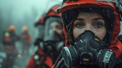 Naklejka premium A woman wearing a gas mask and a red helmet