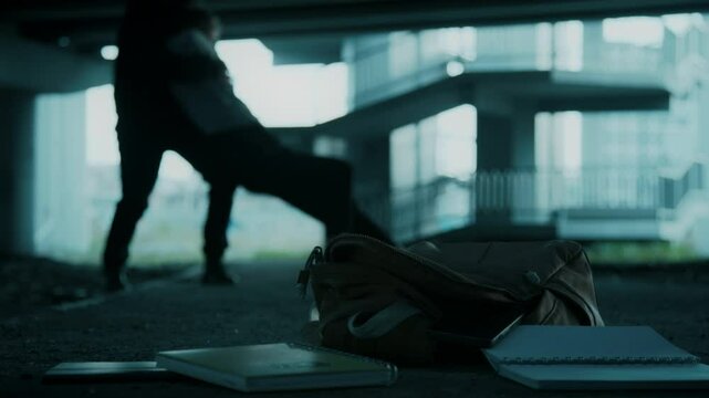 Closeup handheld shot of books and rucksack lying on ground on desolated street while anonymous maniac carrying away unconscious lady in background, kidnapping people in modern city