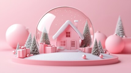 A small house and pine trees in the snowy landscape inside a glass dome on a pink background.