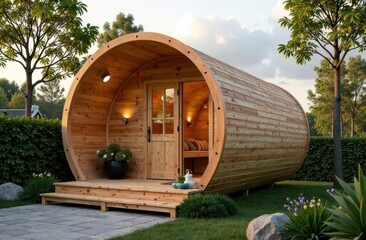 Naklejka premium A charming wooden cabin designed like a barrel stands amid vibrant greenery, showcasing a cozy entrance and inviting ambiance. Generative AI