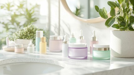 Fototapeta premium Radiant Skincare: Anti-Aging Ritual in Pastel Bathroom Setting with Colorful Bottles and Natural Light
