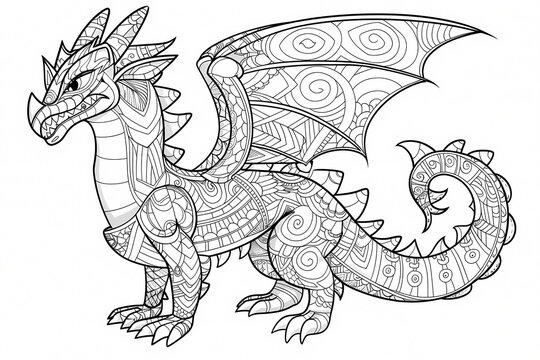 Intricate black and white dragon illustration featuring detailed patterns and textures, perfect for coloring or artistic inspiration.