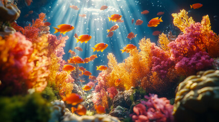 Vibrant underwater scene with coral reefs and colorful fish in sunlit waters