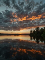 Calm lake at sunset, reflecting trees and clouds.
