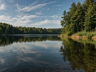 Calm lake with gentle waves reflecting the landscape.