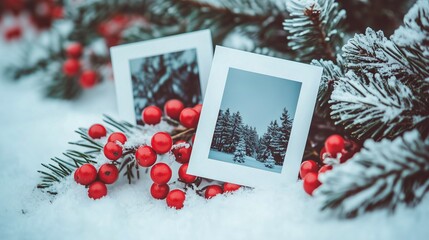 Polaroid photos with snowy landscape, red berries, and pine branches