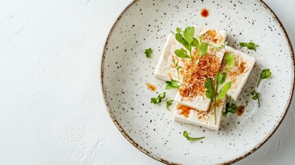 白い斑点のある皿に緑の飾りを添えた新鮮なベジタリアン料理のデコレーション