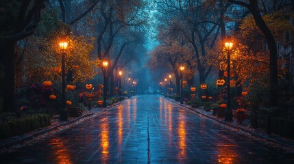 Rainy autumn evening, Halloween pumpkins illuminate path.