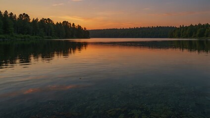 Obraz premium Calm sunset reflecting over a serene lake.