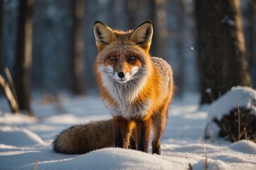 Obraz premium A fox in a winter forest in the rays of the daytime sun.