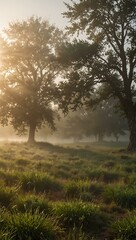 Obraz premium Calm, bright, foggy field with sunlight.