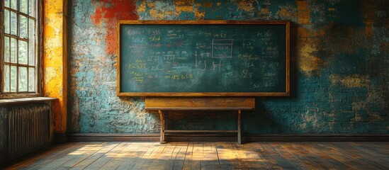 Rustic classroom with chalkboard, wooden desk, and aged wall.
