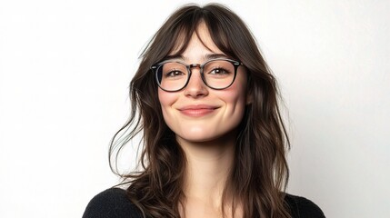 Obraz premium Young Woman with Glasses Smiling Against a Light Background