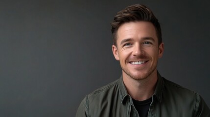 Obraz premium Cheerful man with short hair wearing casual attire against gray background