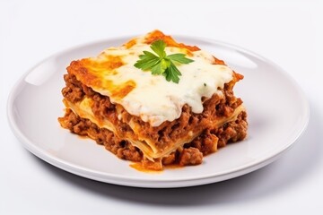 Close up of baked lasagna with minced meat and cheese isolated on white background
