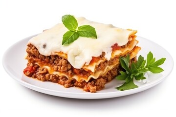 Close up of baked lasagna with minced meat and cheese isolated on white background