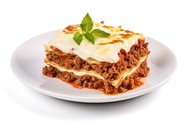 Close up of baked lasagna with minced meat and cheese isolated on white background