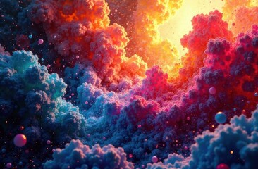 Soft, swirling clouds radiate vibrant colors, creating a stunning cosmic display reminiscent of a celestial sunset. Generative AI