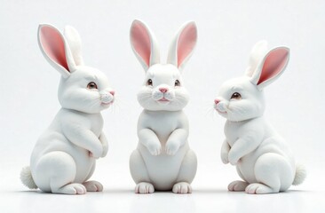 Obraz premium Three adorable white rabbits are positioned attractively, interacting in a playful manner with a bright background. Generative AI
