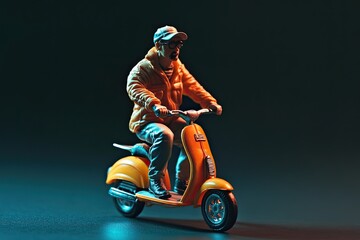 man riding scooter miniature toy decoration isolated on black gradient background. 