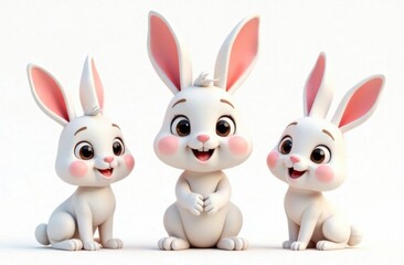Fototapeta premium Three adorable cartoon rabbits are joyfully posing together, displaying playful smiles and large ears in a lively atmosphere. Generative AI