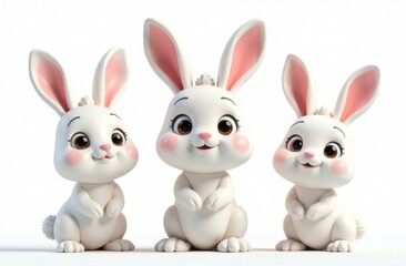 Three adorable cartoon rabbits with big ears and smiling faces stand together, showcasing their playful and friendly demeanor. Generative AI