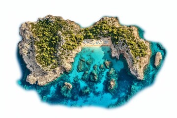 Secluded cove, turquoise water, sandy beach.