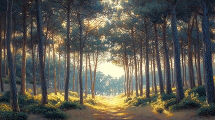 Obraz premium Sunlit path through a pine forest.