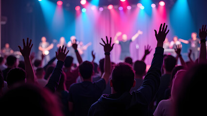 christian worship team leading congregation with hands raised in praise in a modern church