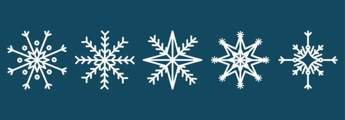 Set of white snowflakes in various different shapes on dark blue backgrround for Chistmas, New Year, icons, posters, greeting cards, stickers, patterns, banners	