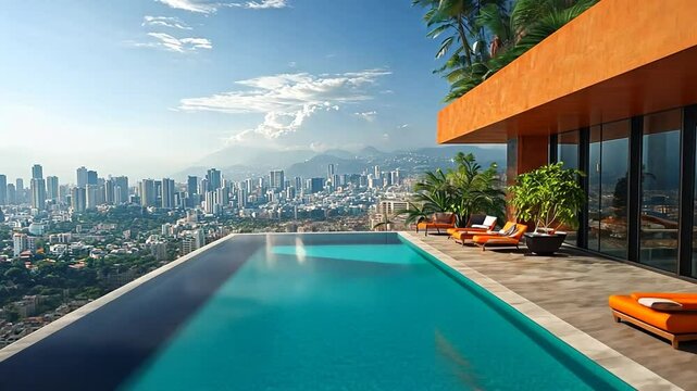 Infinity Pool with City View and Lush Greenery