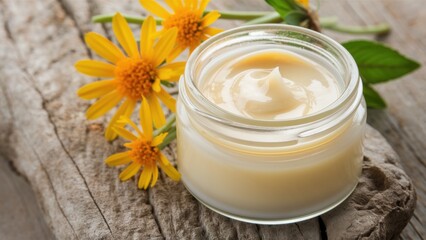 Promotional photo of a jar of arnica cream, with a smooth texture. The cream stands on a wooden surface, next to it are several fresh arnica flowers.