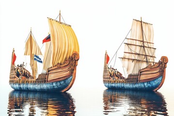 Two ornate sailing ships on calm water.