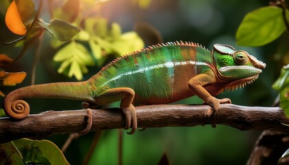 Fototapeta premium 野生のカメレオンが枝にとまり、鮮やかな緑色と茶色の皮膚が葉と調和しています。自然の色合いとテクスチャが織り成す静かな風景です。