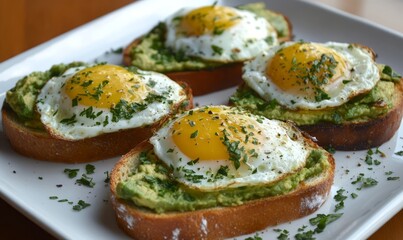 Avocado toast with fried eggs, sprinkled with fresh herbs, arranged on a white platter. Healthy breakfast or brunch concept.