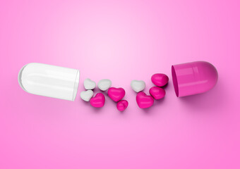 An Open Pink And White Glossy Capsule With Minimal Heart Shaped Pills Spilling Out 3D Illustration
