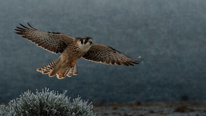 Fototapeta premium Captivating falcon talon glistening with frost against a moody sky.