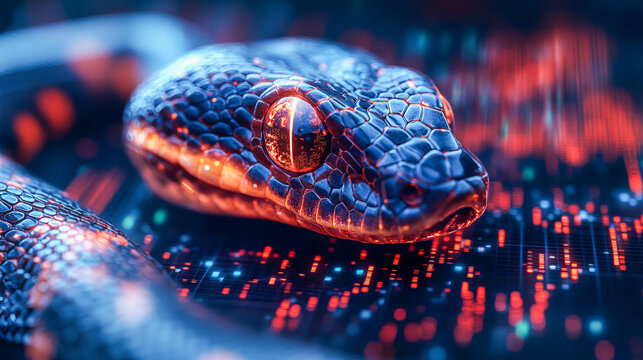 Close-up of a vibrant python on a digital background
