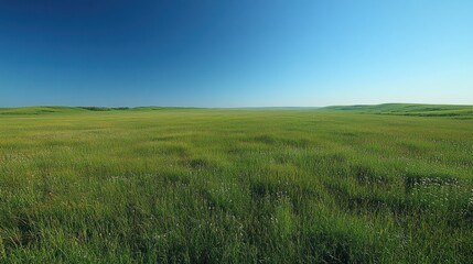 Obraz premium Vast prairie landscape under a clear blue sky.