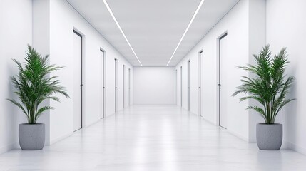 Fototapeta premium Office corridor sleek decor concept. Bright Corridor with Recessed LED Lighting
