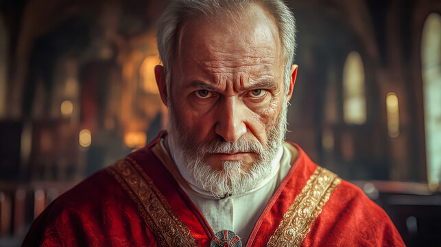 Elderly caucasian male priest in red vestment inside a dimly lit church interior